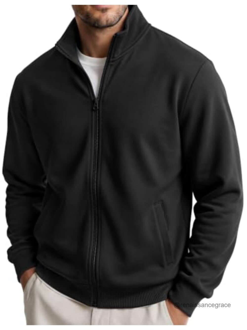 Mens Zip Up Sweatshirt Lightweight Fleece Jacket Casual Mock Neck Cotton Blend